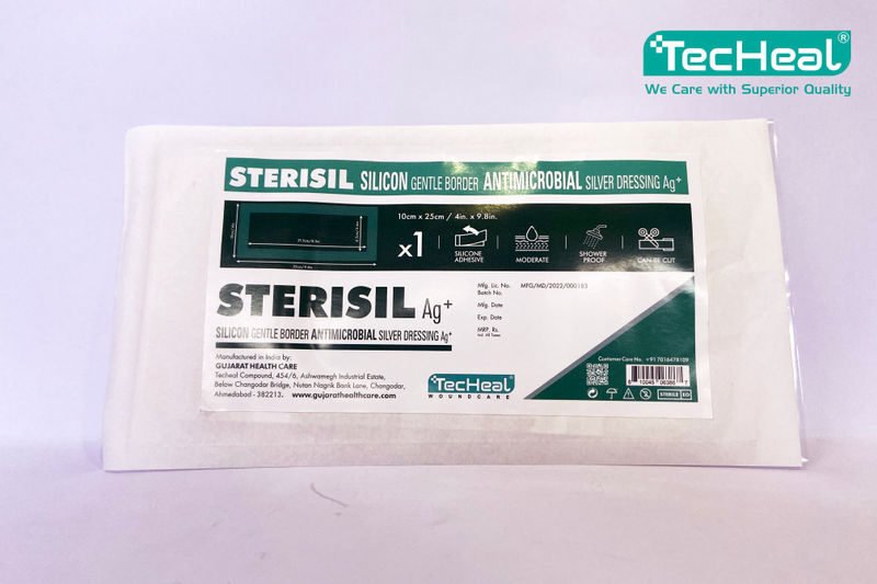 Techeal sterisil silicon gentle border antimicrobal silver dressing 10cm x 25cm pack of Fxz1FEq - SkyMedIdent